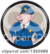 Poster, Art Print Of Cartoon Police Officer Pig With His Hands On His Hips In A Black Taupe And White Circle