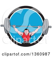 Poster, Art Print Of Retro Cartoon White Strongman Bodybuilder Lifting A Barbell Over His Head And Doing Squats Emerging From A Black White And Blue Circle