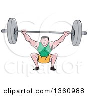 Poster, Art Print Of Retro Cartoon White Strongman Bodybuilder Lifting A Barbell Over His Head And Doing Squats