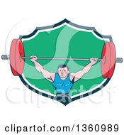 Poster, Art Print Of Retro Cartoon White Strongman Bodybuilder Lifting A Barbell Over His Head And Doing Squats Emerging From A Navy Blue White And Green Shield