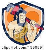 Poster, Art Print Of Cartoon Neanderthal Caveman Plumber Holding A Monkey Wrench Over His Shoulder In A Blue White And Orange