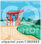 Poster, Art Print Of Retro Wpa Styled Tori Japanese Gate
