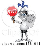 Lancer School Mascot Gesturing And Holding A Stop Sign