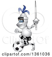 Clipart Of A Lancer School Mascot Kicking A Soccer Ball Royalty Free Vector Illustration
