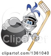 Lancer School Mascot Holding Up A Stick And A Hockey Puck
