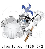 Clipart Of A Lancer School Mascot Holding Up A Stick And A Lacrosse Ball Royalty Free Vector Illustration