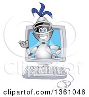 Clipart Of A Lancer School Mascot Presenting And Emerging From A Desktop Computer Screen Royalty Free Vector Illustration