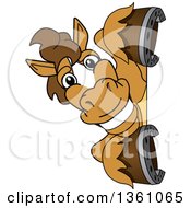 Clipart Of A Horse Colt Bronco Stallion Or Mustang School Mascot Character Smiling Around A Sign Royalty Free Vector Illustration