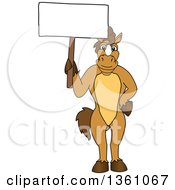 Horse Colt Bronco Stallion Or Mustang School Mascot Character Holding A Blank Sign