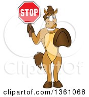 Horse Colt Bronco Stallion Or Mustang School Mascot Character Gesturing And Holding A Stop Sign