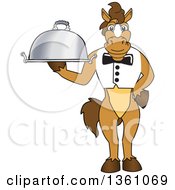 Horse Colt Bronco Stallion Or Mustang School Mascot Character Waiter Holding A Cloche Platter