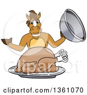 Clipart Of A Horse Colt Bronco Stallion Or Mustang School Mascot Character Serving A Thanksgiving Turkey Royalty Free Vector Illustration
