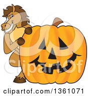 Poster, Art Print Of Horse Colt Bronco Stallion Or Mustang School Mascot Character Looking Around A Halloween Jackolantern Pumpkin
