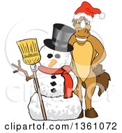 Clipart Of A Horse Colt Bronco Stallion Or Mustang School Mascot Character Wearing A Santa Hat By A Christmas Snowman Royalty Free Vector Illustration