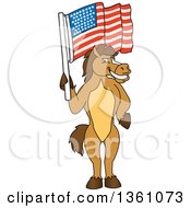 Horse Colt Bronco Stallion Or Mustang School Mascot Character Holding An American Flag