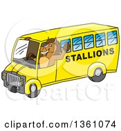 Horse Colt Bronco Stallion Or Mustang School Mascot Character Waving And Driving A Bus