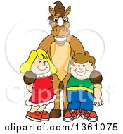 Poster, Art Print Of Horse Colt Bronco Stallion Or Mustang School Mascot Character Posing With Students