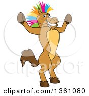 Horse Colt Bronco Stallion Or Mustang School Mascot Character With A Colorful Mohawk Cheering
