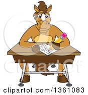 Clipart Of A Horse Colt Bronco Stallion Or Mustang School Mascot Character Student Taking A Quiz At A Desk Royalty Free Vector Illustration