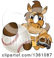 Horse Colt Bronco Stallion Or Mustang School Mascot Character Grabbing A Baseball