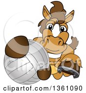 Poster, Art Print Of Horse Colt Bronco Stallion Or Mustang School Mascot Character Grabbing A Volleyball