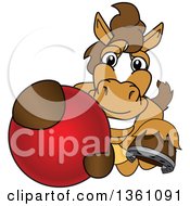 Poster, Art Print Of Horse Colt Bronco Stallion Or Mustang School Mascot Character Grabbing A Ball
