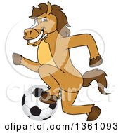 Horse Colt Bronco Stallion Or Mustang School Mascot Character Playing Soccer