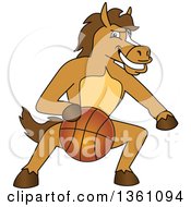Poster, Art Print Of Horse Colt Bronco Stallion Or Mustang School Mascot Character Dribbling A Basketball