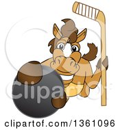 Horse Colt Bronco Stallion Or Mustang School Mascot Character Holding A Stick And Grabbing A Hockey Puck