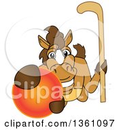 Clipart Of A Horse Colt Bronco Stallion Or Mustang School Mascot Character Holding A Stick And Grabbing A Field Hockey Ball Royalty Free Vector Illustration