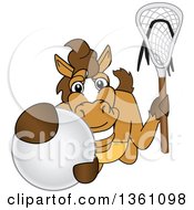 Horse Colt Bronco Stallion Or Mustang School Mascot Character Holding A Stick And Grabbing A Lacrosse Ball