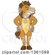 Horse Colt Bronco Stallion Or Mustang School Mascot Character Chamion Wearing A Sports Medal