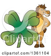Horse Colt Bronco Stallion Or Mustang School Mascot Character Posing With A Giant Lucky Four Leaf St Patricks Day Clover