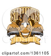 Poster, Art Print Of Horse Colt Bronco Stallion Or Mustang School Mascot Character Leaping Out Of A Shield With A Blank Banner And Text