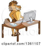Clipart Of A Horse Colt Bronco Stallion Or Mustang School Mascot Character Student In A Computer Lab Royalty Free Vector Illustration by Mascot Junction