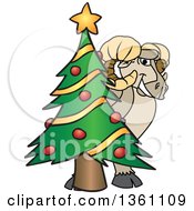 Ram School Mascot Character Smiling Around A Christmas Tree