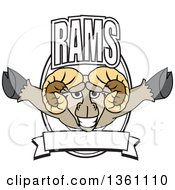Clipart Of A Ram School Mascot Character Leaping Out Of A Shield With Text And A Blank Banner Royalty Free Vector Illustration