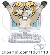 Clipart Of A Ram School Mascot Character Emerging From A Desktop Computer Screen Royalty Free Vector Illustration