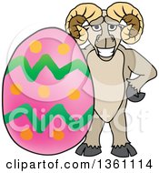 Clipart Of A Ram School Mascot Character Posing With An Easter Egg Royalty Free Vector Illustration