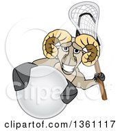 Clipart Of A Ram School Mascot Character Holding A Stick And Grabbing A Lacrosse Ball Royalty Free Vector Illustration