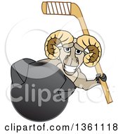 Ram School Mascot Character Holding A Stick And Grabbing A Hockey Puck