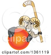 Ram School Mascot Character Holding A Stick And Grabbing A Field Hockey Ball