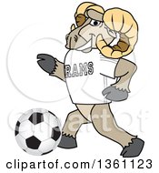 Ram School Mascot Character Playing Soccer