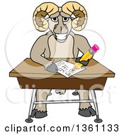 Ram School Mascot Character Student Taking A Quiz At A Desk