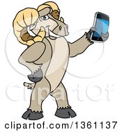 Clipart Of A Ram School Mascot Character Holding Out A Smart Phone Royalty Free Vector Illustration by Mascot Junction