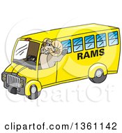 Ram School Mascot Character Waving And Driving A Bus