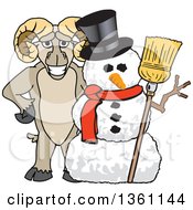 Poster, Art Print Of Ram School Mascot Character Posing With A Christmas Snowman