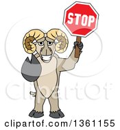 Clipart Of A Ram School Mascot Character Gesturing And Holding A Stop Sign Royalty Free Vector Illustration by Mascot Junction