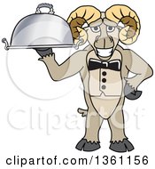 Ram School Mascot Character Waiter Holding A Cloche Platter
