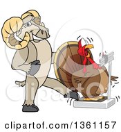 Ram School Mascot Character Tricking A Turkey Standing On A Scale